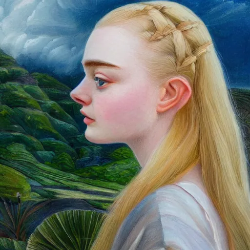 Image similar to professional painting of Elle Fanning in the style of Marianne North, head and shoulders portrait, symmetrical facial features, smooth, sharp focus, illustration, intricate, stormy weather, extremely detailed masterpiece,