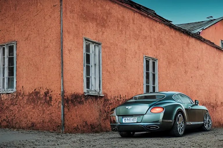 Image similar to modern rusty matte tired Bentley Continental GT without gloss no reflections drives along the road of an old Russian village with houses at the edges