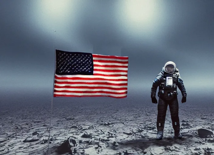 Image similar to astronaut holding a flag in an underwater desert. a submarine is visible in the distance. dark, concept art, cinematic, dramatic, atmospheric, 8 k, trending on artstation, blue, fish, low visibility, fog, ocean floor, christopher nolan, interstellar