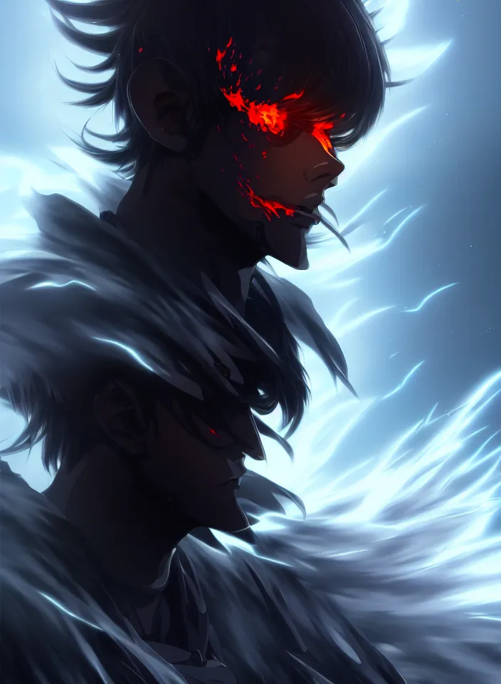 Image similar to a detailed manga illustration character full body portrait of a dark haired cyborg anime man shrouded in clouds of dark smoke and fire, trending on artstation, digital art, 4 k resolution, detailed, high quality, sharp focus, hq artwork, insane detail, concept art, character concept, character illustration, full body illustration, cinematic, dramatic lighting