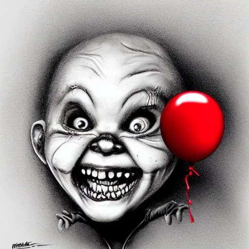 Image similar to surrealism grunge cartoon portrait sketch of chucky with a wide smile and a red balloon by - michael karcz, loony toons style, mad max style, horror theme, detailed, elegant, intricate