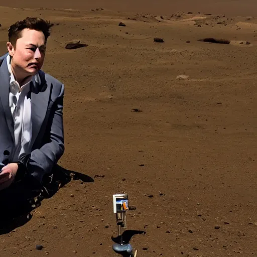 Prompt: elon musk sadly smoking weed while sitting under a tree on mars