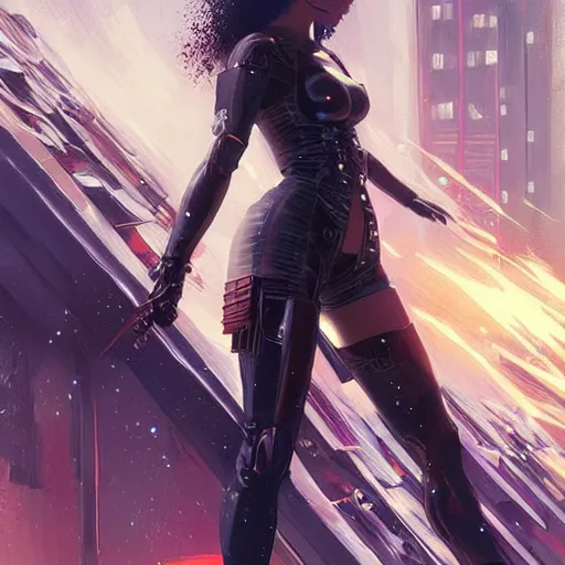 Image similar to cyberpunk girl wielding a sci - fi sword, electric energy, beautiful, getting ready to fight, heroic pose, urban motifs, intricate, elegant, highly detailed, digital painting, trending on artstation, concept art, smooth sharp focus, illustration, art by artgerm and greg rutkowski