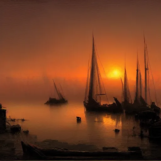 Image similar to an old harbour at dusk by greg ruthkowski and craig mullins and caspar david friedrich