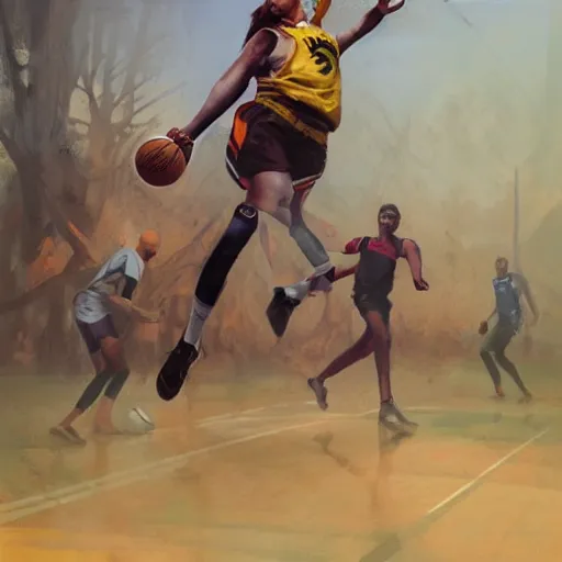 Prompt: a new sport has been invented, it is a cross between paint ball and basketball, digital art by mandy jurgens and irena french, heraldo ortega, hyperdetailed, artstation, cgsociety.