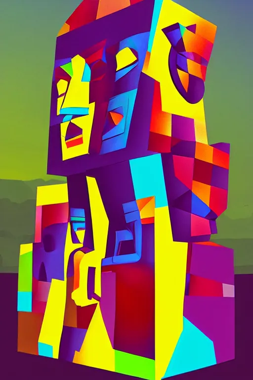 Image similar to cubist moai statue cutout digital illustration cartoon colorful beeple