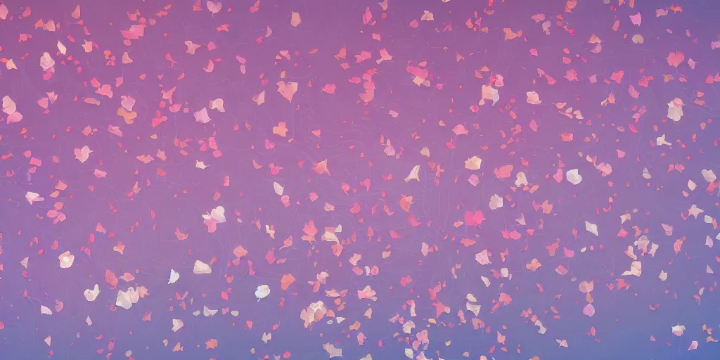 Prompt: background art of spaciously scattered flower petals flowing and floating through the blowing swirling directional wind from left to right on a simple cloudy blue sky background, acanthus scrolls, classical ornament, large individual rose petals, angular background elements, polygonal fragments, anime, artgerm, manga, trending on artstation, art nouveau, mature color scheme