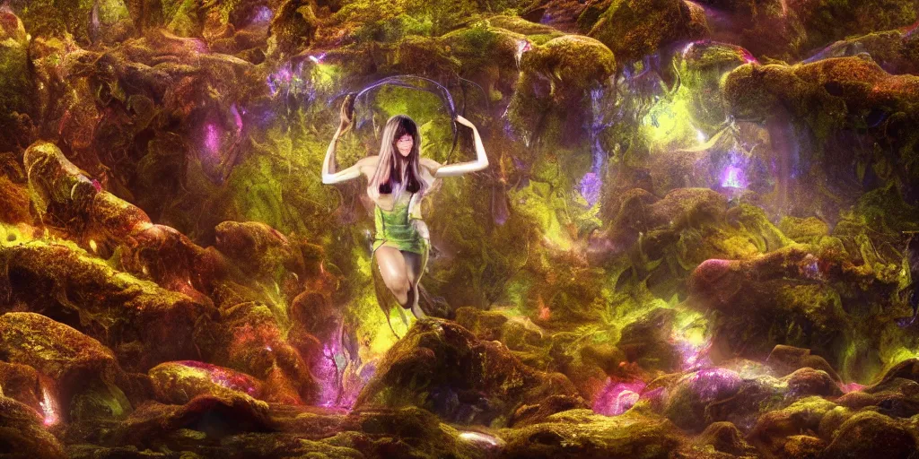 Prompt: Photorealistic symmetrical picture of a levitating goddess, a floating glossy wet fungus god with arms outstretched made from colorful wet fungus tendrils. a gentle rising mist, an epic rocky landscape. occult photorealism, UHD, amazing depth, glowing, golden ratio, 3D octane cycle unreal engine 5, volumetric lighting, cinematic lighting, cgstation artstation concept art