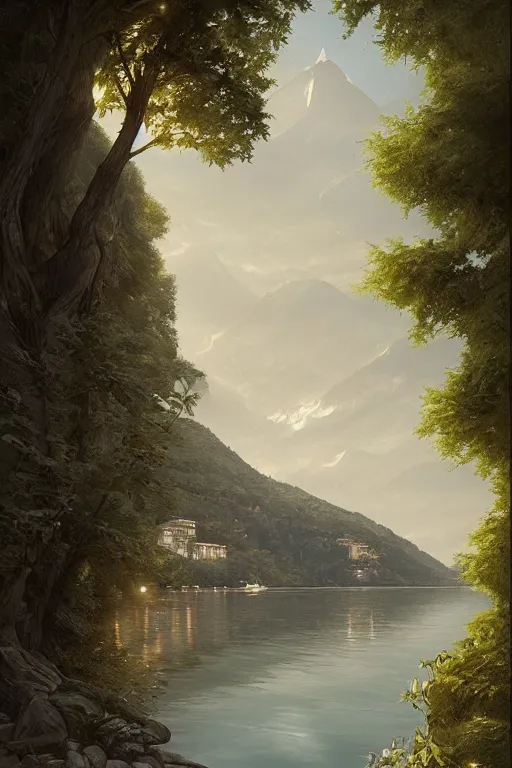 Image similar to Lake Como, elegant, digital painting, highly detailed, artstation, concept art, smooth, sharp focus, illustration, art by artgerm and greg rutkowski.