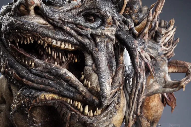 Image similar to photo taken of an epic intricate, ultra detailed, super realistic gritty, hero prop, exquisitely weathered animatronic movie prop of a lifelike sculpture of a nightmarish creature displayed in the workshop, created by weta workshop, full body shot, photorealistic, sharp focus