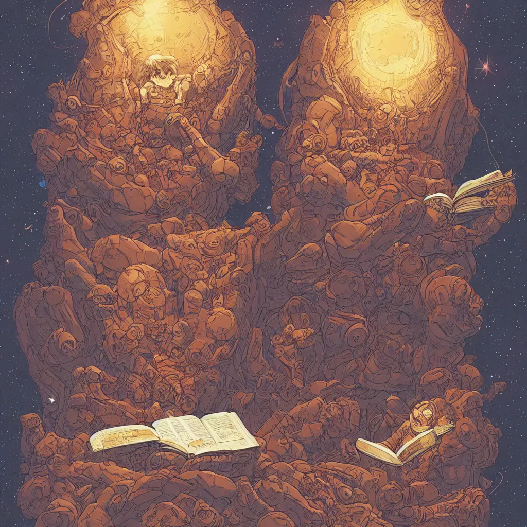 Prompt: A cosmic being reading books containing knowledge of the universe by Laurie Greasley and Justin Gerard