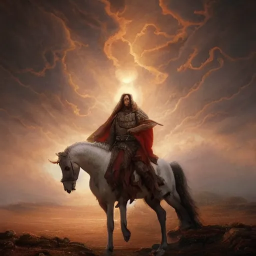 Image similar to a masterpiece matte painting of a man riding on a white horse with eyes like flames!, many crowns!! upon his head, a robe dipped in blood!, by gustav dore and paul barson, 8 k, uhd, cgsociety, trending on artstation, coruscation!!, crepuscular!!