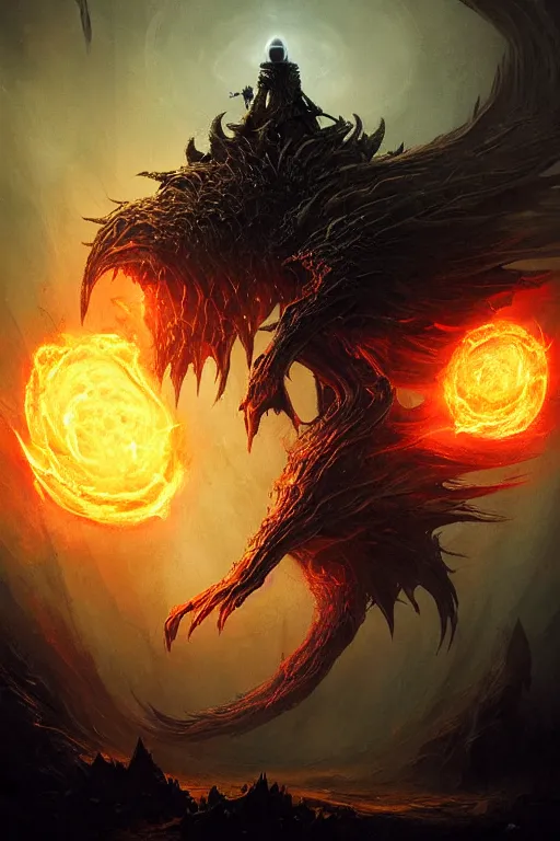 Prompt: Black Orb of Fire, digital art, fantasy, magic, trending on artstation, illustration by Seb McKinnon and Peter Mohrbacher, ultra detailed, atmospheric, powerful presence, bossfight, darksouls, grand finale