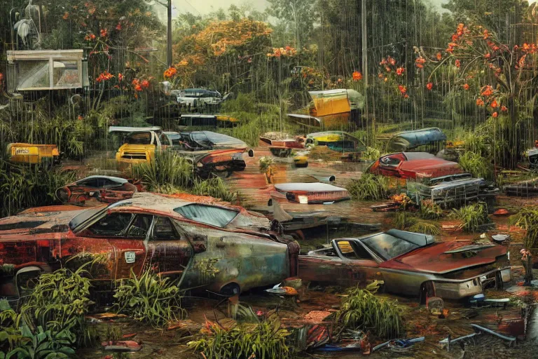 Prompt: hyperrealism, scene from thunderstorm, starship, junkyard, louisiana swamps, orange blooming flowers garden, 8 k, 8 0 s japanese sci - fi books art