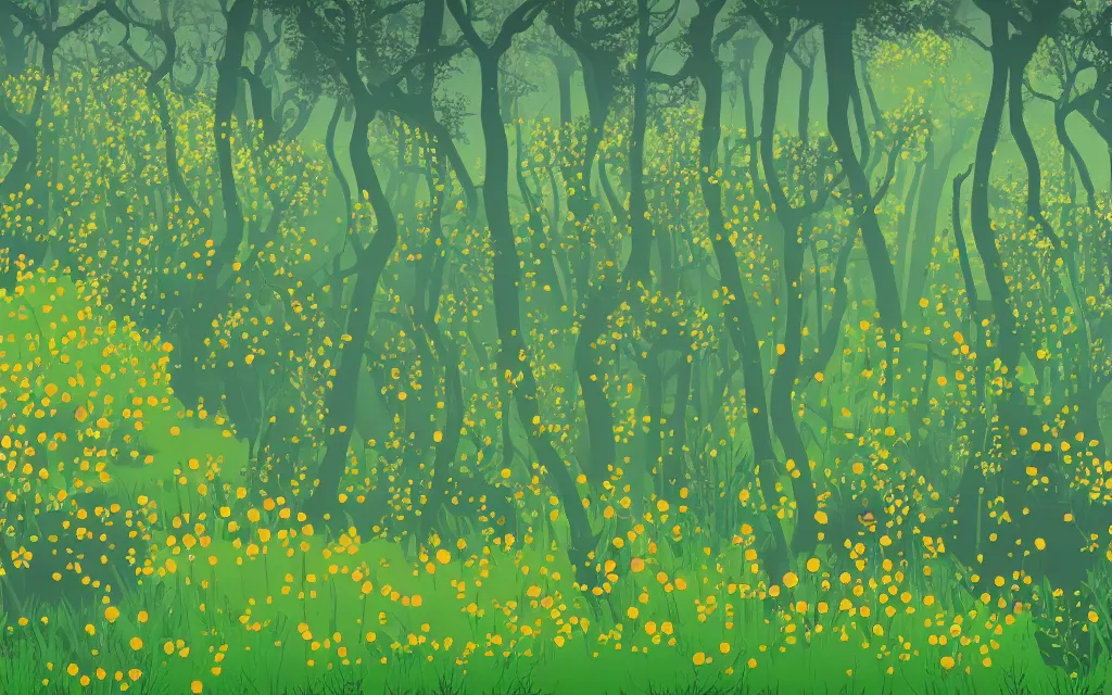 Prompt: a sprawling flowery meadow with tall trees, in the style of Eyvind Earle