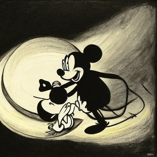 Prompt: mickey mouse as ( ( saturn devouring his son ) ) by francisco goya mickey eating pluto, dramatic dark painting by francisco goya and william blake