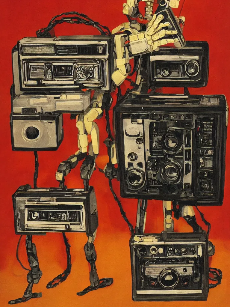 Image similar to allegory painting of an humanoid robot with a ghettoblaster boombox for a head, wooden body, normal body proportions, room lit by candles, red fox