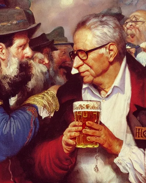 Image similar to a painting of erich honecker holding a mug of beer at the oktoberfest, a detailed painting by konstantin makovsky and by jan matejko and by nikolay makovsky, shutterstock contest winner, german romanticism, detailed painting, oil on canvas, wimmelbilder