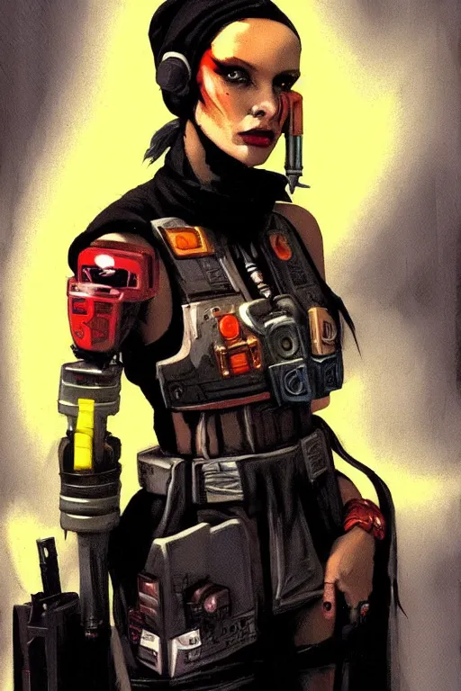 Image similar to full character portrait max mad cyberpunk warhammer 4 0 k, medic sapper not the girl with the pearl earring character design, jeffery catherine jones