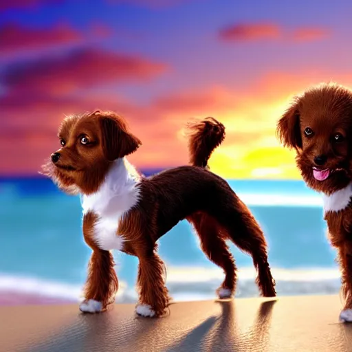 Prompt: a photorealistic closeup image of a cute brown colored long haired chihuahua cocker spaniel dog as well as a smiling white bichon frise puppy playing on the beach. sunset, surf, brightly lit scene. fine detail. nice composition. 4 k hd unreal engine