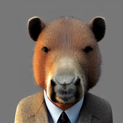 Image similar to a high quality photo of an antropomorphic capybara wearing a suit, 3d scene, render, ultra realistic, artstation, cgsociety