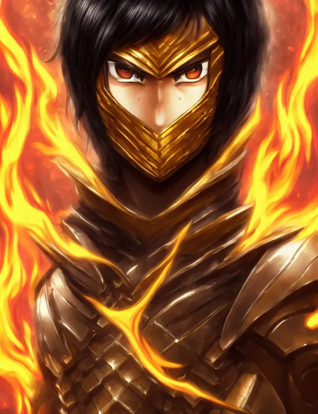 Image similar to a detailed manga portrait of a black haired man with hazel eyes in gleaming golden armour that burns with golden fire, trending on artstation, digital art, 4 k resolution, detailed, high quality, sharp focus, hq artwork, coherent, insane detail, character portrait