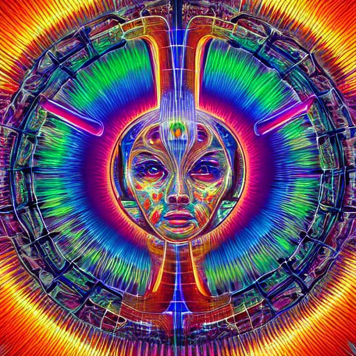 Image similar to humankind transcendence into collaborative intelligence, group intelligence, ai, by alex grey, album cover, award winning, beautiful, colorful, volumetric lighting, trending on artstation