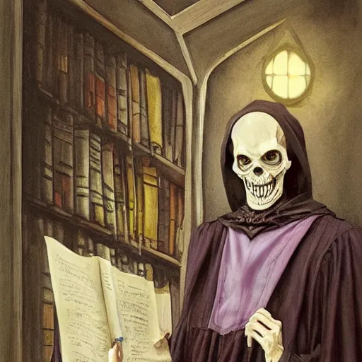 Image similar to The Reaper as a scary, but quirky professor in Hogwarts School of Witchcraft and Wizardry, detailed, hyperrealistic, colorful, cinematic lighting, digital art by Paul Kidby’