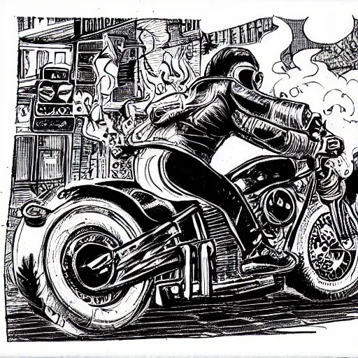 Image similar to hells angel biker riding through a burning street, intricate ink drawing, highly detailed in the style of jamie hewlett