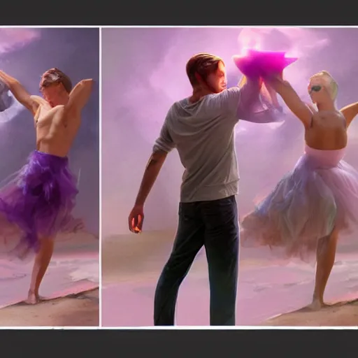 Image similar to ryan gosling robotic clothes in the beach purple sun, dancing ballet, effeminate, pink lighting ultra realistic photorealistic highly detailed high quality, a stunningly, digital painting, artstation, concept art, smooth, sharp focus, illustration, art by artgerm and greg rutkowski and alphonse mucha 8 k