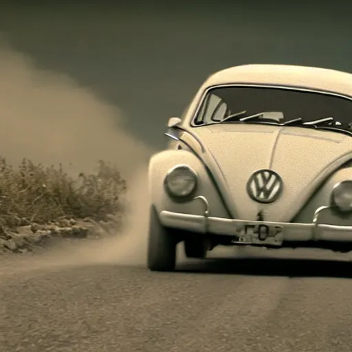 Image similar to promotion movie still of a ( volkswagen beatle ) racing down a dusty back road. cinematic, 4 k, imax, 7 0 mm