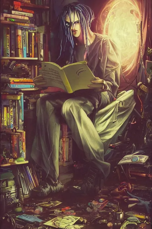 Image similar to cybergoth guy reading a book in a cluttered messy 9 0 s bedroom, artgerm, tom bagshaw, gerald brom, vaporwave, vaporwave colors, 9 0 s, 9 0 s aesthetic, perfect face, detailed face, symmetrical face,