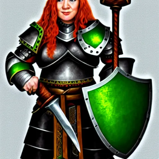 Image similar to dwarven woman, ginger hair, green eyes, holding hammer and shield with plate armour