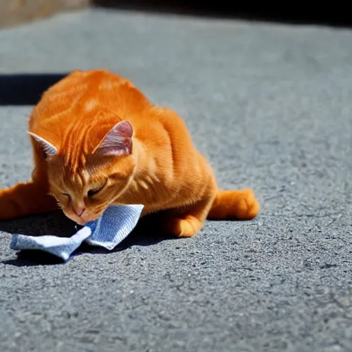 Image similar to orange tabby cat sneakily stealing a sock, realistic