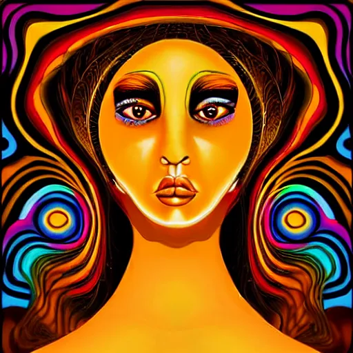 Image similar to tan latina woman, landscape, entering third dimension, eating third eye, prominent rosy cheek bones, black hair and brown eyes, psychedelic di vinci art style,