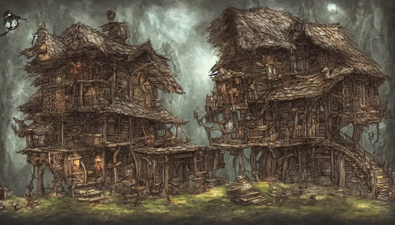 Prompt: Fantasy concept art of a sentient nomadic baba yaga tavern. Tavern walks around on stilts. No people. Stilts have claws.