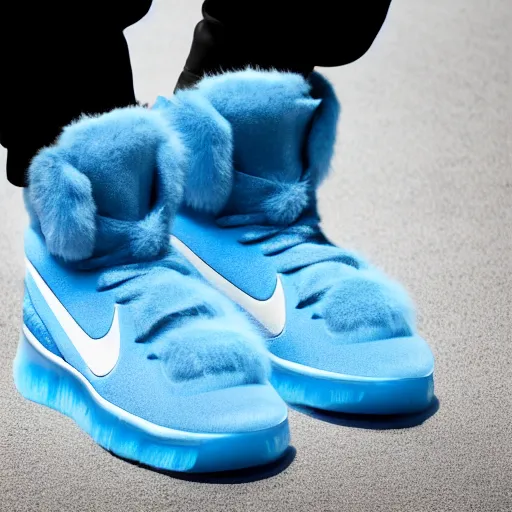 Image similar to poster nike shoe made of very fluffy blue faux fur placed on reflective surface, professional advertising, overhead lighting, heavy detail, realistic by nate vanhook, mark miner