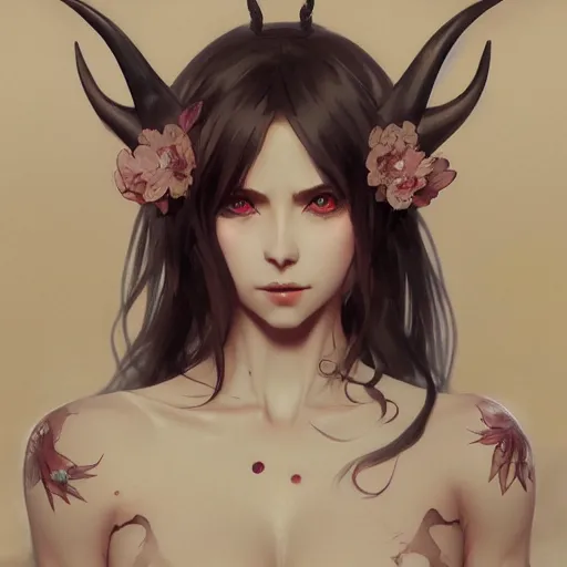 Prompt: a beautiful anime girl wtih demon horns and demon wings,full body painting,by Greg Rutkowski and Ilya Kuvshinov and Alphonse Maria Mucha,super clear detailed,hyper realistic,trending on artstation,4k