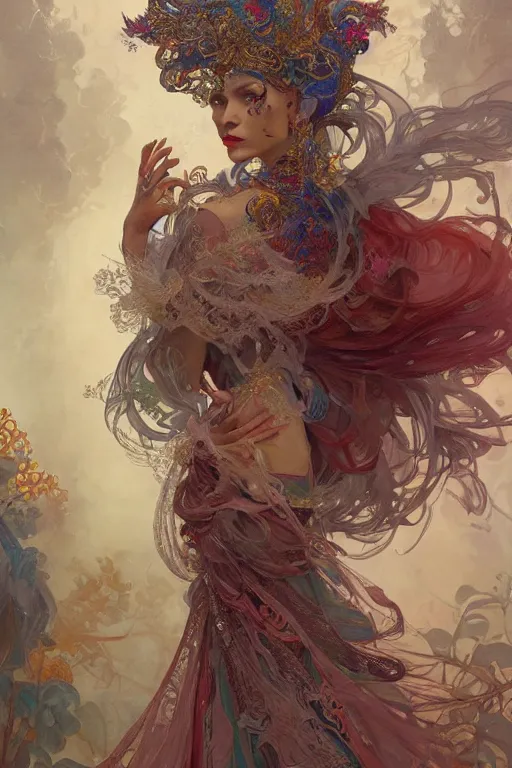 Prompt: a beautifull intricate painting of a beatifull woman portrait, wearing a feathered cloak surrounded by ornate tendrils, flying silk, internse colors, hyper detailed, artstation, concept art, by peter mohrbacher, by wlop, by ruan jia, by alphonse mucha