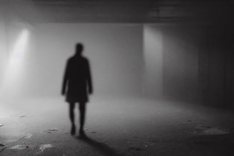 Prompt: a blurry, silhouetted figure stands alone in a creepy derelict corridor. broken windows light rays volumetric fog creepy at night. grainy footage