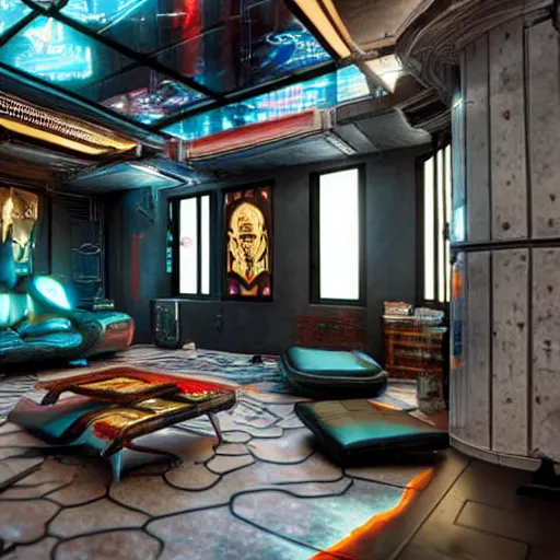 Prompt: cyberpunk art nouveau living space inspired by the movie Bladerunner