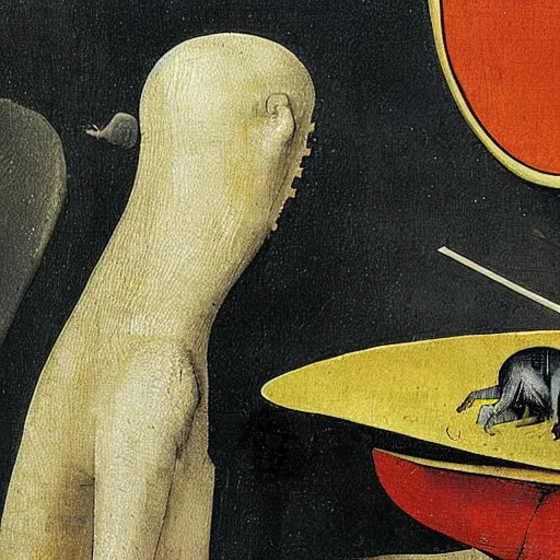 Prompt: detail from painting of alien zoo by hieronymous bosch