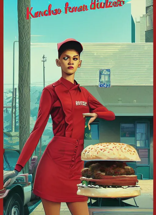 Prompt: poster artwork by Michael Whelan and Tomer Hanuka, Karol Bak of Zendaya a high school student working at the local diner, wearing rr diner uniform, from scene from Twin Peaks, clean