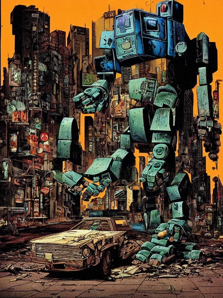 Image similar to an individual Giant wooden robot walking down the street, a crushed car is under the robot’s foot by Richard Corben, cinematic, cyberpunk, crime noir