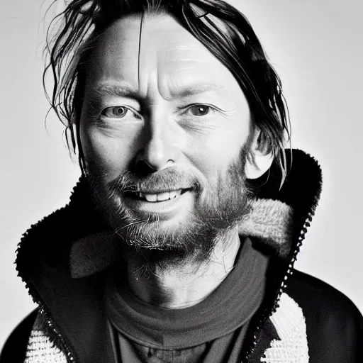 Image similar to Smiling Thom Yorke, with a beard and a black jacket, a portrait by John E. Berninger, dribble, neo-expressionism, uhd image, studio portrait, 1990s