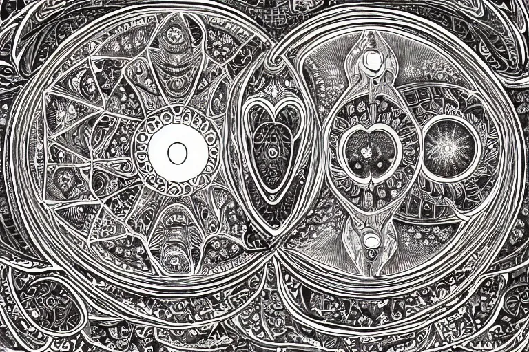 Image similar to an ornate illustration in the styles of mandalas and fractals, the styles of escher and penrose, depicting a weasel staring deep into the heart of the impossible all - and - nothing of the emerging singularity ; / what has god wrought? / he seems to be whispering.