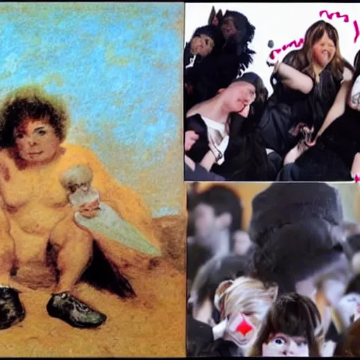 Prompt: 5 annoying youtube influencer channel thumbnails in the style of francisco goya