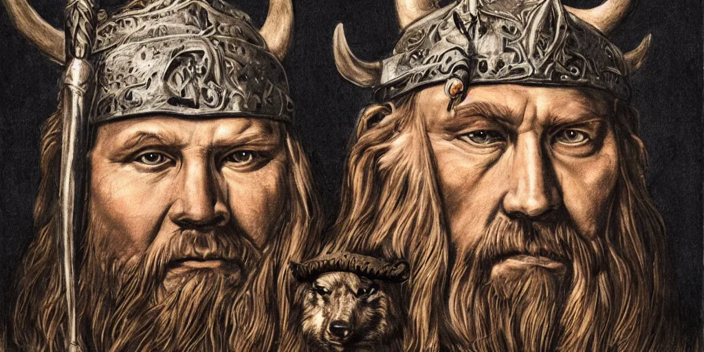 Prompt: realistic portrait of viking king with a wolf head as hat, 1450, ink, 8k, ultra realistic