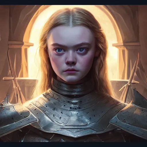 Image similar to front centered symmetrical portrait, Elle Fanning as a D&D paladin, dramatic lighting, cinematic, establishing shot, high detail, photo realistic, cinematic lighting, post processed, 8k, concept art, artstation, matte painting, in the style of eddie mendoza, raphael lacoste, alex ross