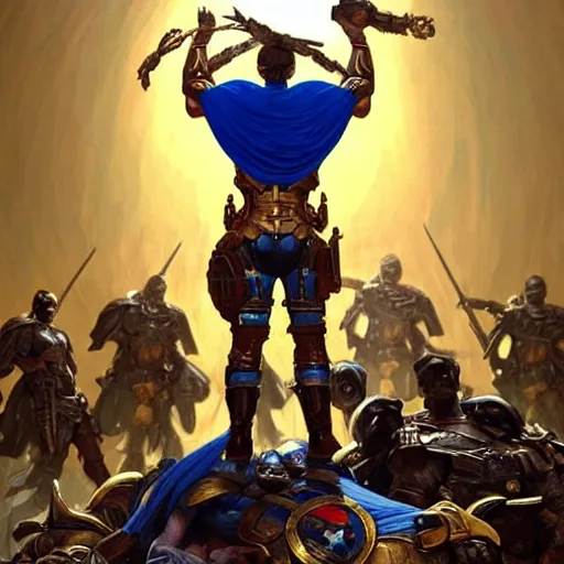 Image similar to a full body shot from behind of a super soldier with a golden and blue flag on his shoulders standing on a pile of skulls in triumph after battle, western, D&D, fantasy, intricate, elegant, highly detailed, digital painting, artstation, concept art, matte, sharp focus, illustration, art by Artgerm and Greg Rutkowski and Alphonse Mucha